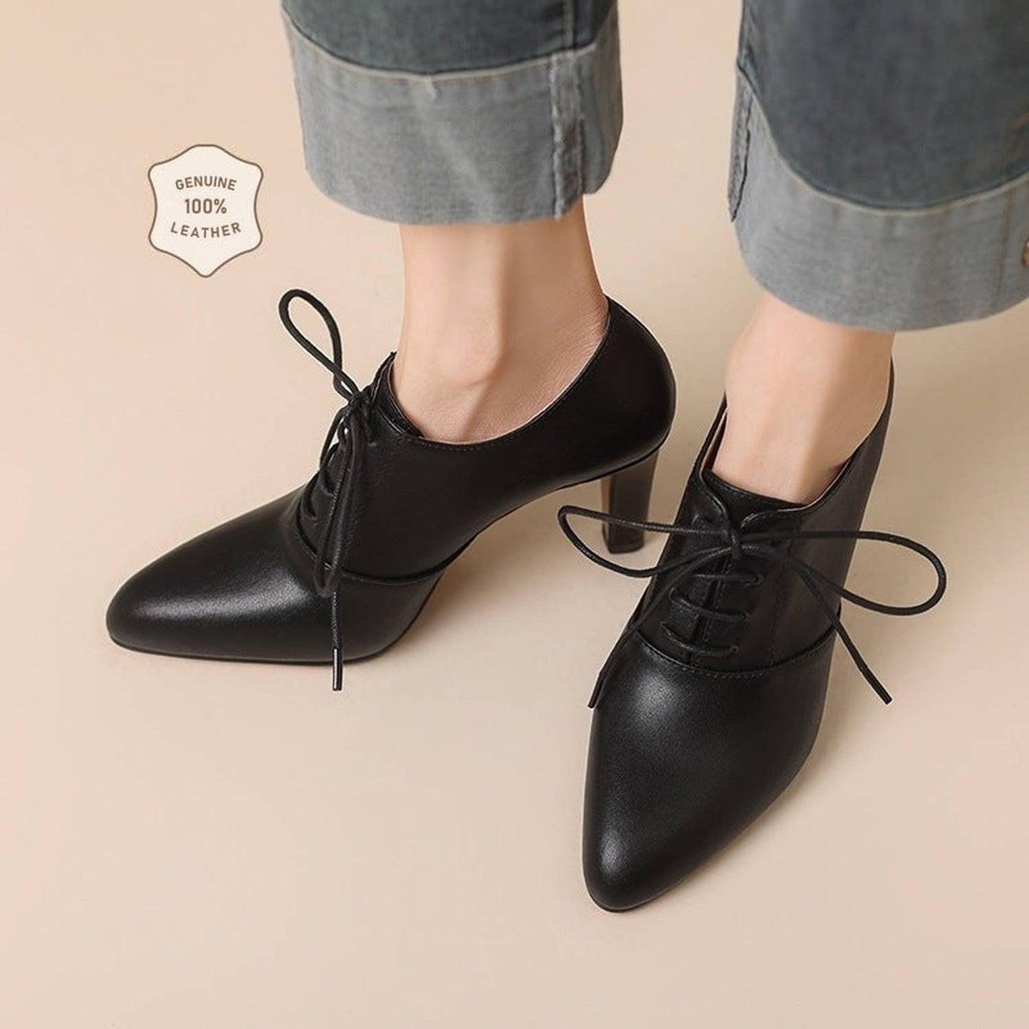 High Heel Lace-up Authentic Leather British Style Pointed Leather Shoes Mid Heel Loafers (Kopia) - Viraxa