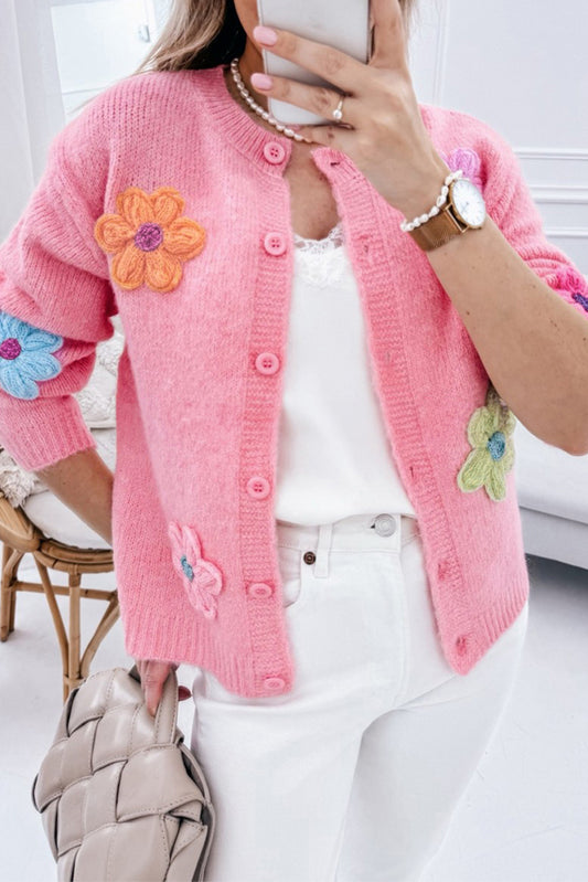 Pink Cute Knitted Floral Pattern Button Up Cardigan - Viraxa