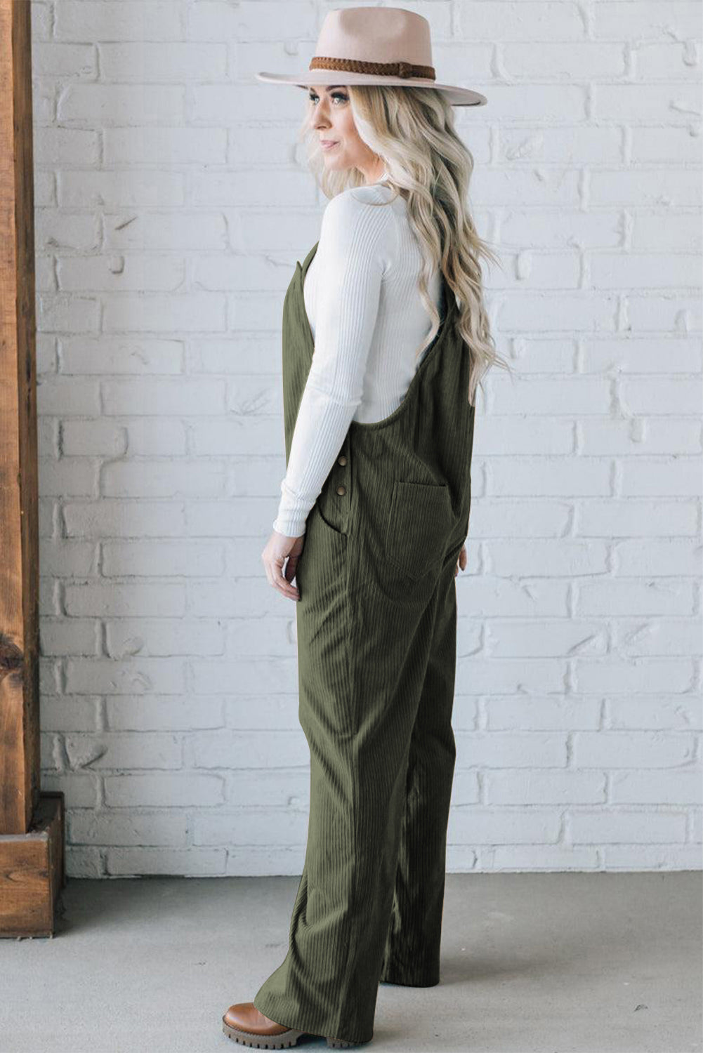 Jungle Green Solid Pocketed Loose Fit Corduroy Overall - Viraxa
