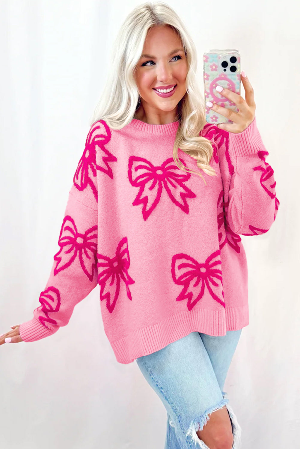 Pink Bow Pattern Drop Shoulder Loose Sweater - Viraxa