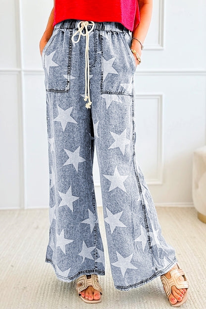 Light Blue Star Print Light Wash Drawstring Elastic Waistband Wide Leg Jeans - Viraxa