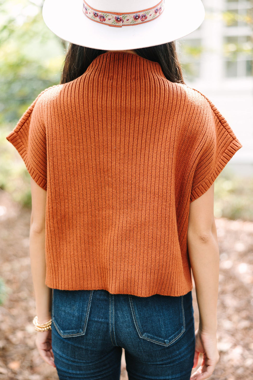 Gold Flame Patch Pocket Ribbed Knit Short Sleeve Sweater - Viraxa
