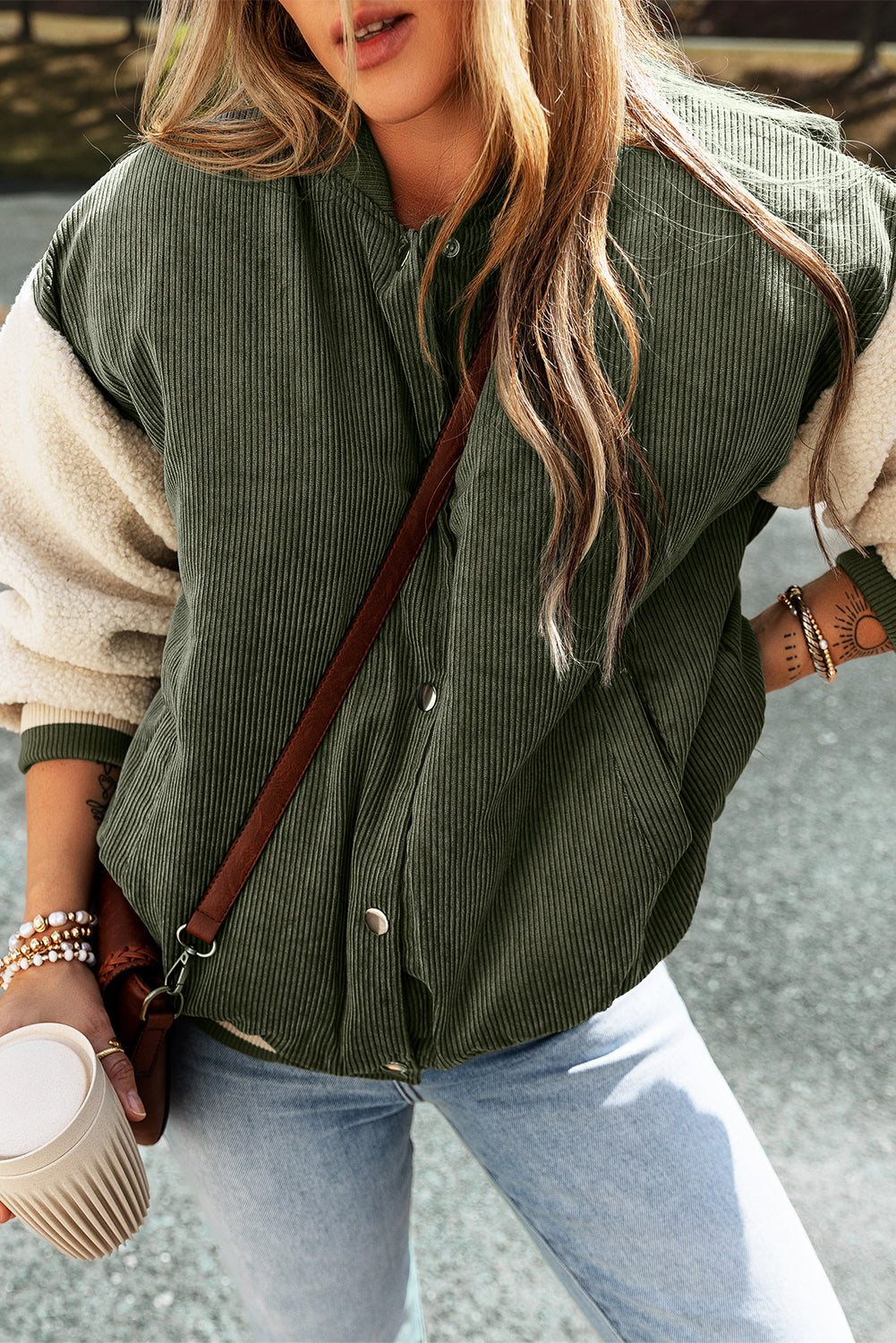 Mist Green Corduroy Fleece Patchwork Buttoned Bomber Jacket - Viraxa