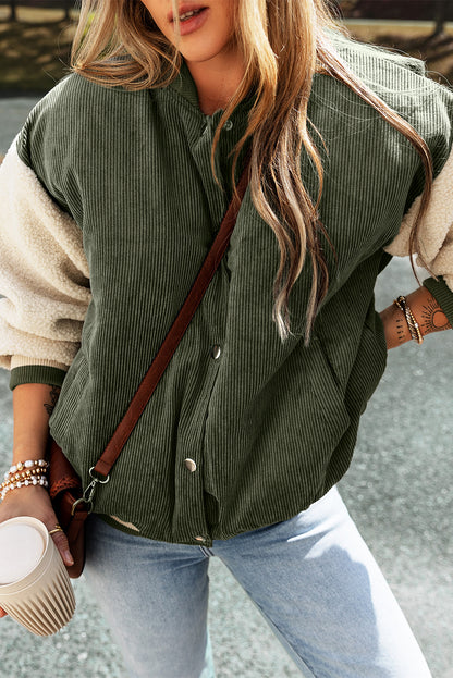Mist Green Corduroy Fleece Patchwork Buttoned Bomber Jacket - Viraxa