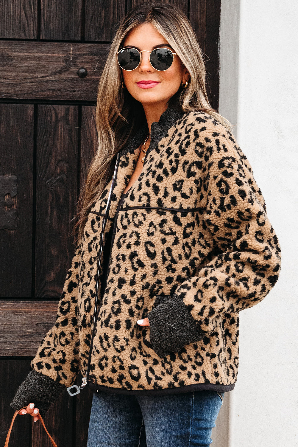 Khaki Leopard Print Zip Up Stand Neck Side Pocket Jacket - Viraxa