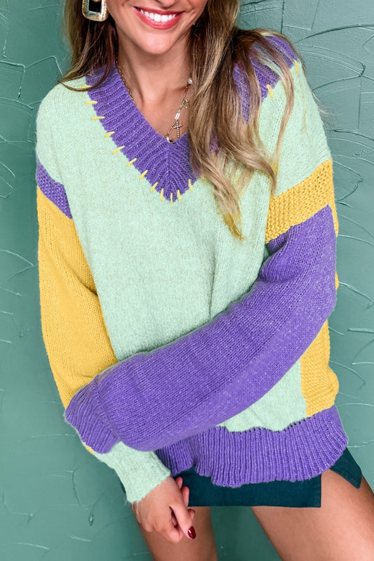 Green Stitched V Neck Color Block Knitted Drop Shoulder Sweater - Viraxa