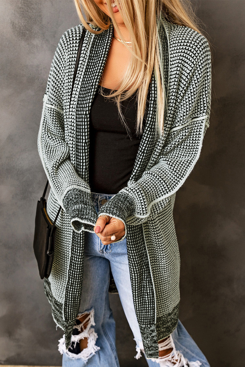 Gray Plaid Knitted Long Open Front Cardigan - Viraxa