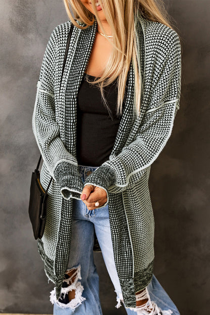 Gray Plaid Knitted Long Open Front Cardigan - Viraxa