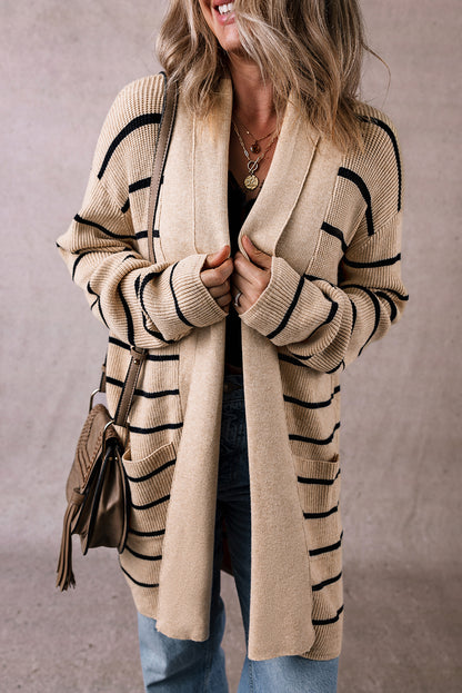 Black Stripe Shawl Neckline Open Cardigan with Pockets - Viraxa