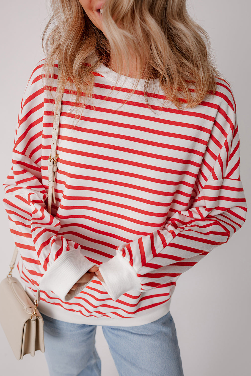 Orange Stripe Drop Shoulder Crew Neck Loose Sweatshirt - Viraxa