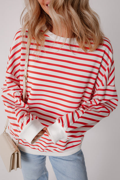 Orange Stripe Drop Shoulder Crew Neck Loose Sweatshirt - Viraxa