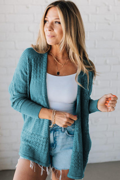 Lapis Mix Pattern Hollowed Knit Open Front Cardigan - Viraxa