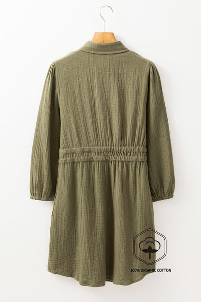Jungle Green Textured Bracelet Sleeve Collared Button Up Dual Tied Mini Dress