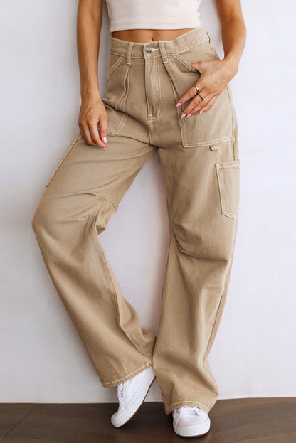 Khaki High Waist Straight Leg Cargo Pants with Pockets - Viraxa