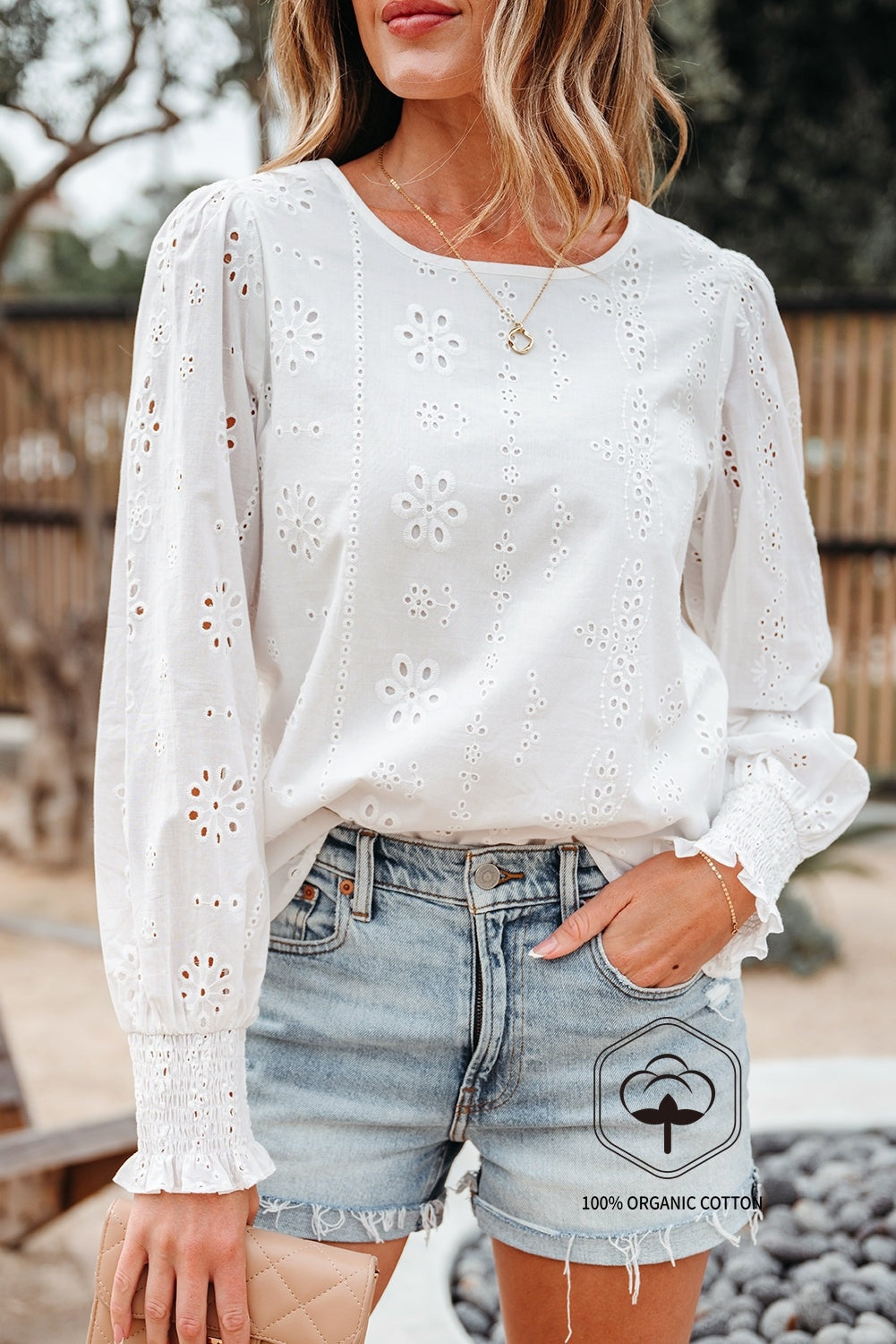 White Eyelet Embroidered Smocked Cuff Sheer Blouse