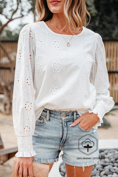White Eyelet Embroidered Smocked Cuff Sheer Blouse