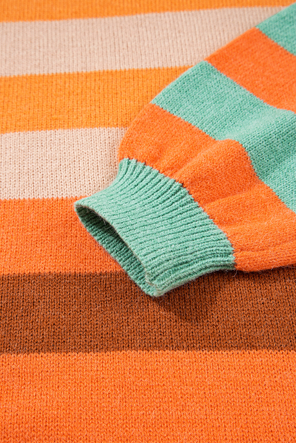 Orange Stripe Color Block High Neck Drop Shoulder Cozy Sweater - Viraxa