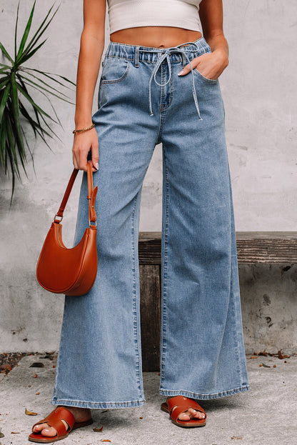 Dusk Blue Medium Wash Super Wide Leg Denim Pants - Viraxa