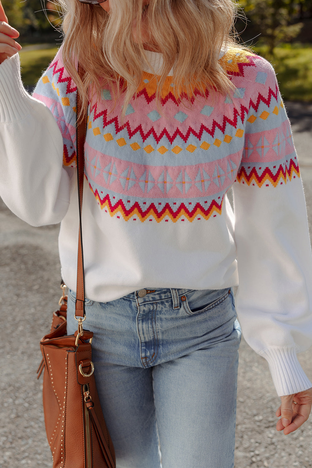 White Ethnic Geometric Colorblock Print Drop Shoulder Sweater - Viraxa