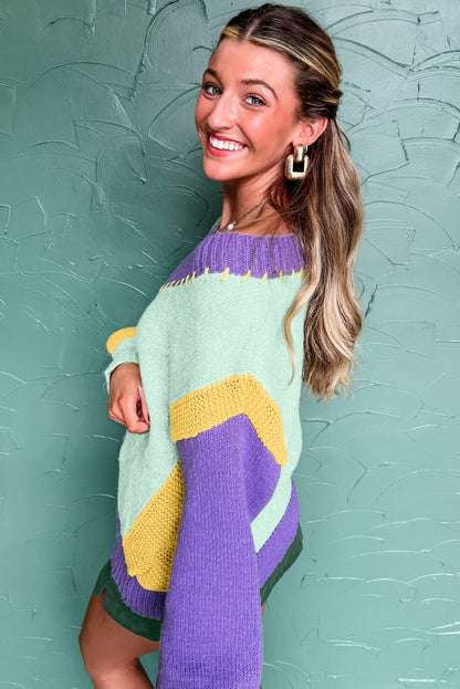 Green Stitched V Neck Color Block Knitted Drop Shoulder Sweater - Viraxa