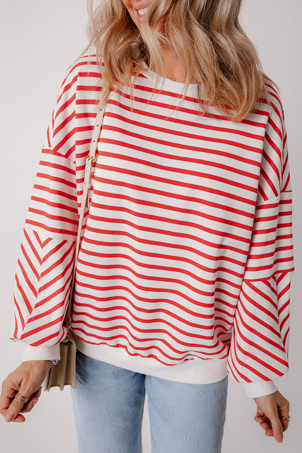 Orange Stripe Drop Shoulder Crew Neck Loose Sweatshirt - Viraxa