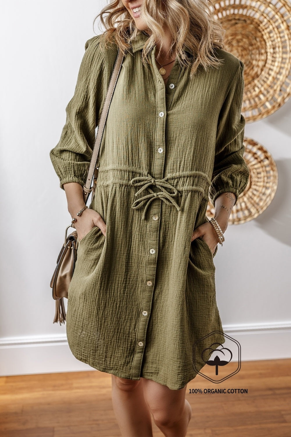 Jungle Green Textured Bracelet Sleeve Collared Button Up Dual Tied Mini Dress