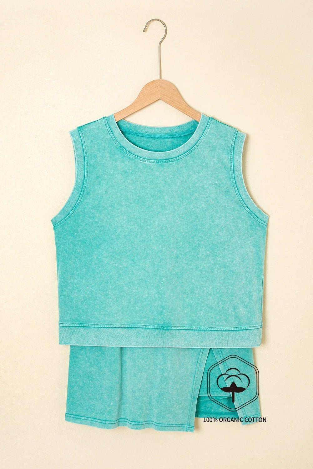 Mint Green 2 Pieces Mineral Wash Cotton Tank Top Lined Split Skirt Set - Viraxa