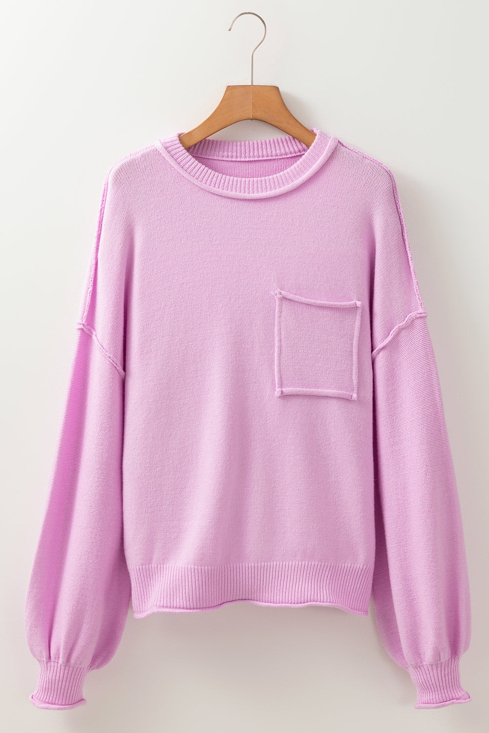 Pink Raw Edge Ribbed Detail Drop Shoulder Sweater - Viraxa