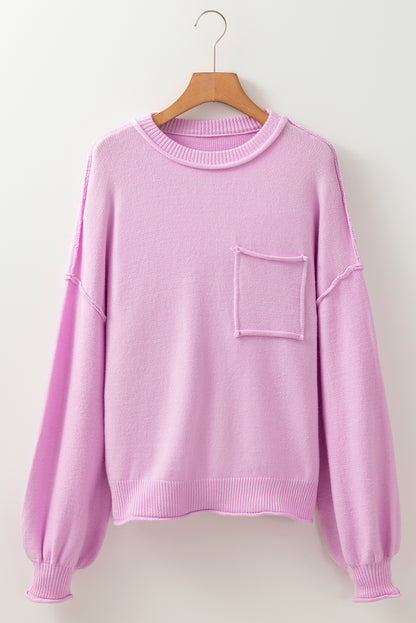 Pink Raw Edge Ribbed Detail Drop Shoulder Sweater - Viraxa