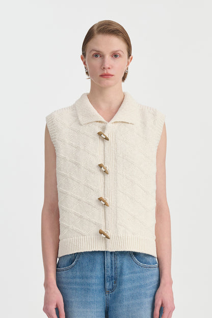 Vintage Cotton Texture Diamond Lattice Woven Cardigan Vest