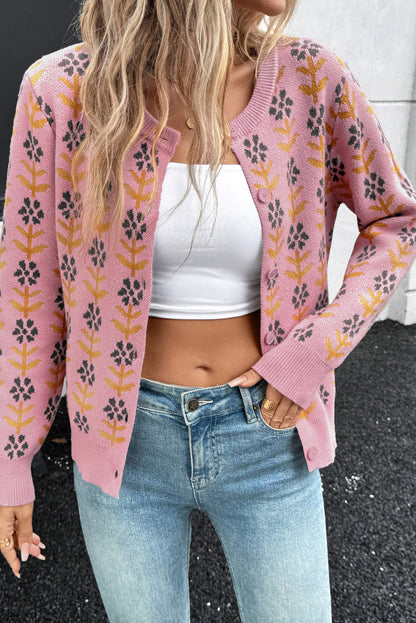 Pink Floral Button Down Ribbed Banded Cardigan Sweater - Viraxa