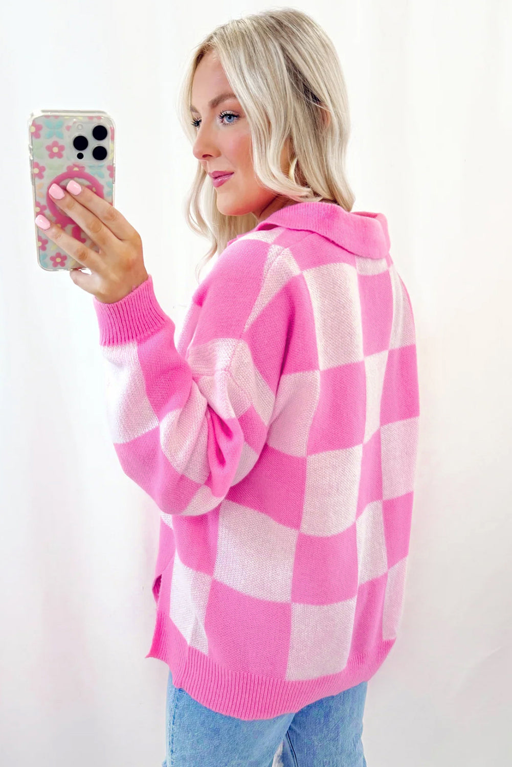 Pink Checkerboard Half Button Collared Drop Shoulder Sweater - Viraxa