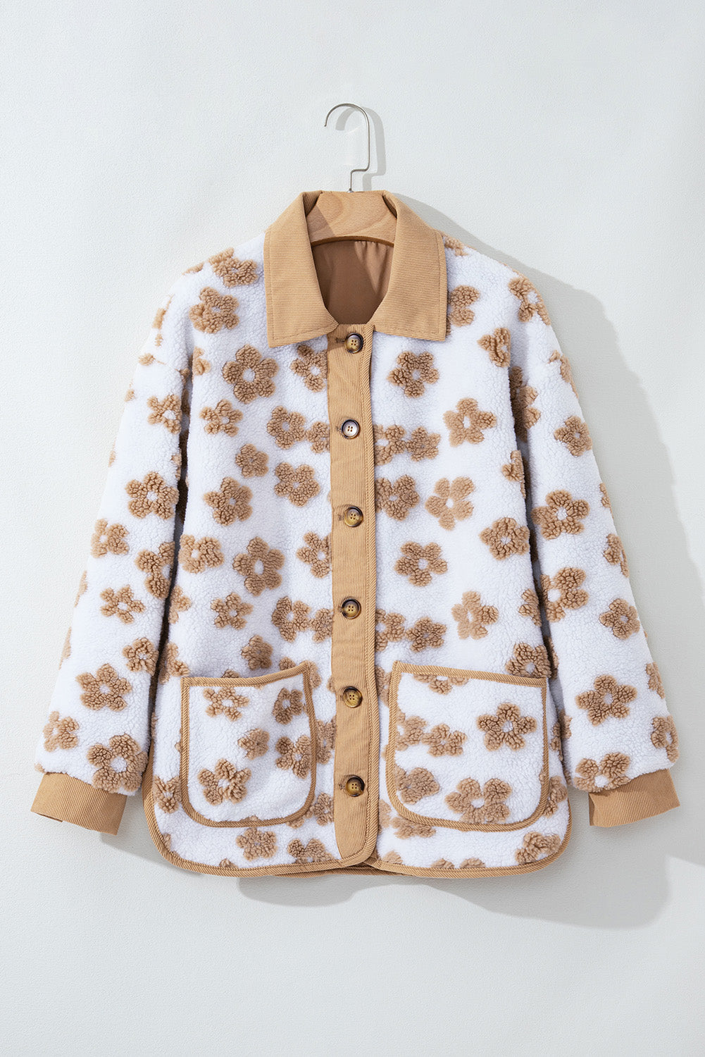 Light French Beige Cute Flower Pattern Button Up Fleece Jacket - Viraxa