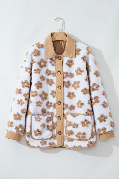 Light French Beige Cute Flower Pattern Button Up Fleece Jacket - Viraxa