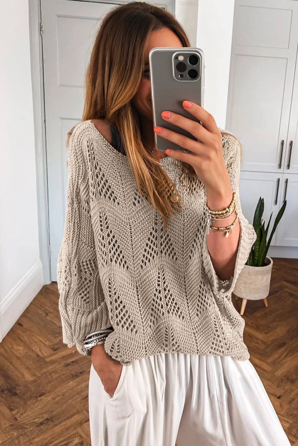 Parchment Hollow Out Knit 7/8 Sleeve Casual Sweater - Viraxa