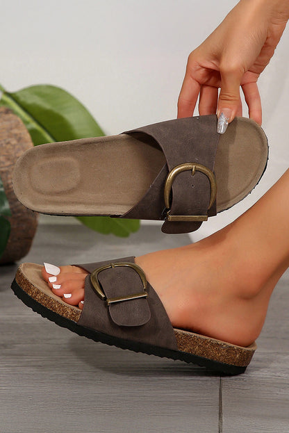 Coffee Buckle Decor Faux Suede Thick Sole Slippers - Viraxa
