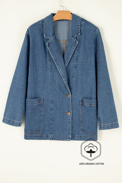 Sail Blue Side Pockets Lapel Collar Denim Jacket