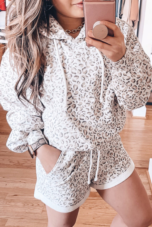 White Classic Leopard Hoodie and Shorts Set - Viraxa