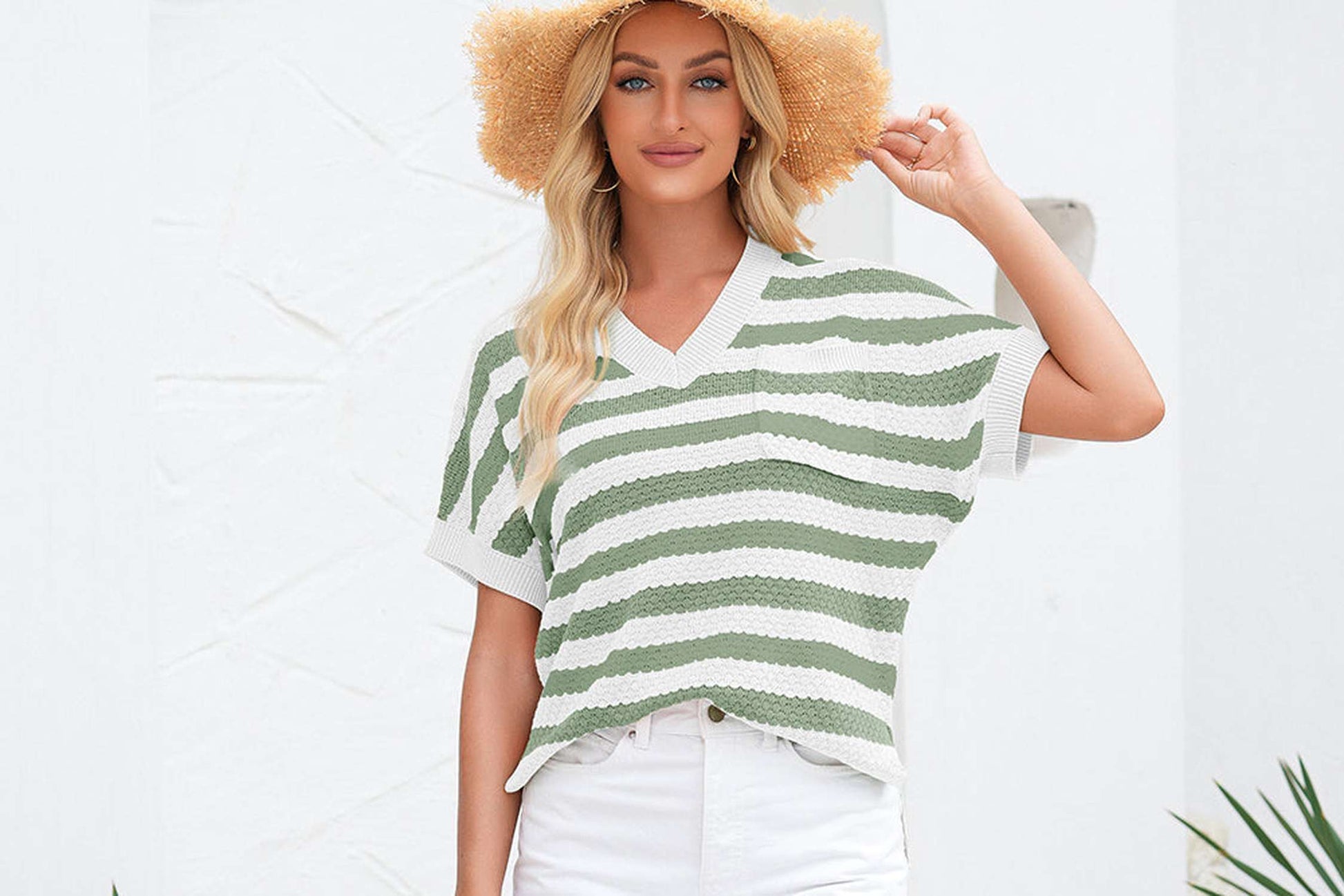 Green Stripe V Neck Short Sleeve Sweater with Side Slits - Viraxa