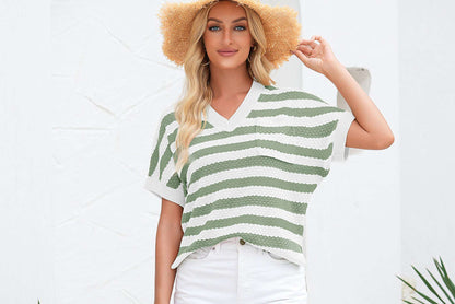 Green Stripe V Neck Short Sleeve Sweater with Side Slits - Viraxa