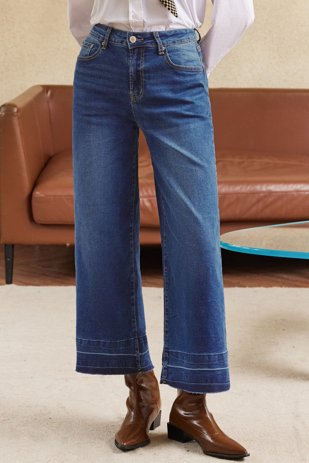 Real Teal Raw Hem Straight Leg Loose High Waist Jeans - Viraxa