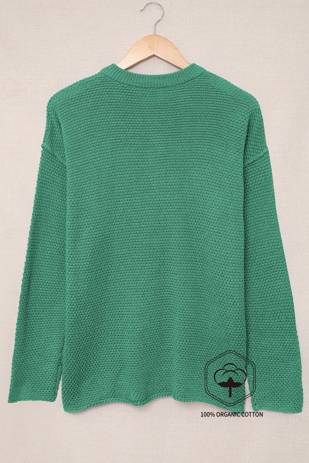 Green Henley Pullover Drop Shoulder Sweater with Slits