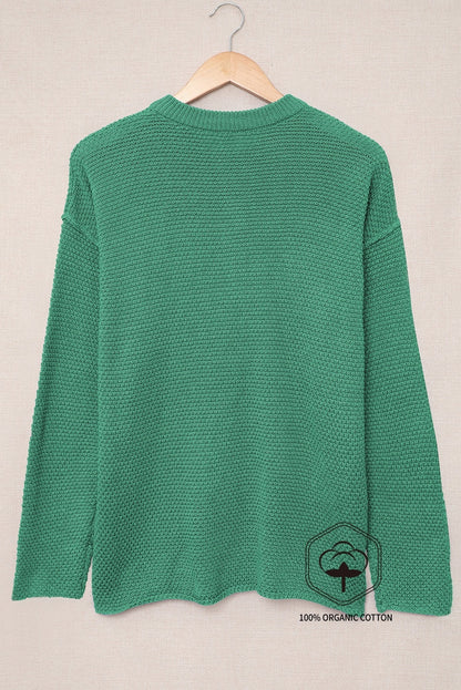 Green Henley Pullover Drop Shoulder Sweater with Slits