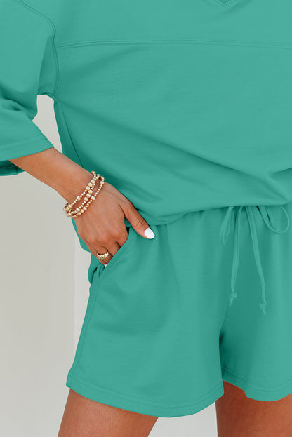 Sea Green Solid Loose V Neck Half Sleeve Tee and Shorts - Viraxa