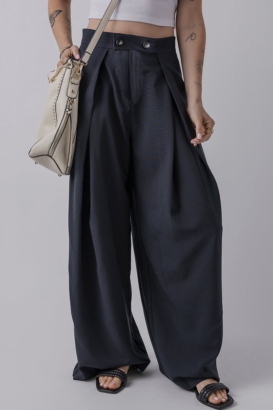Dirty blue Dual Buttoned High Waist Pleated Wide Leg Pants - Viraxa