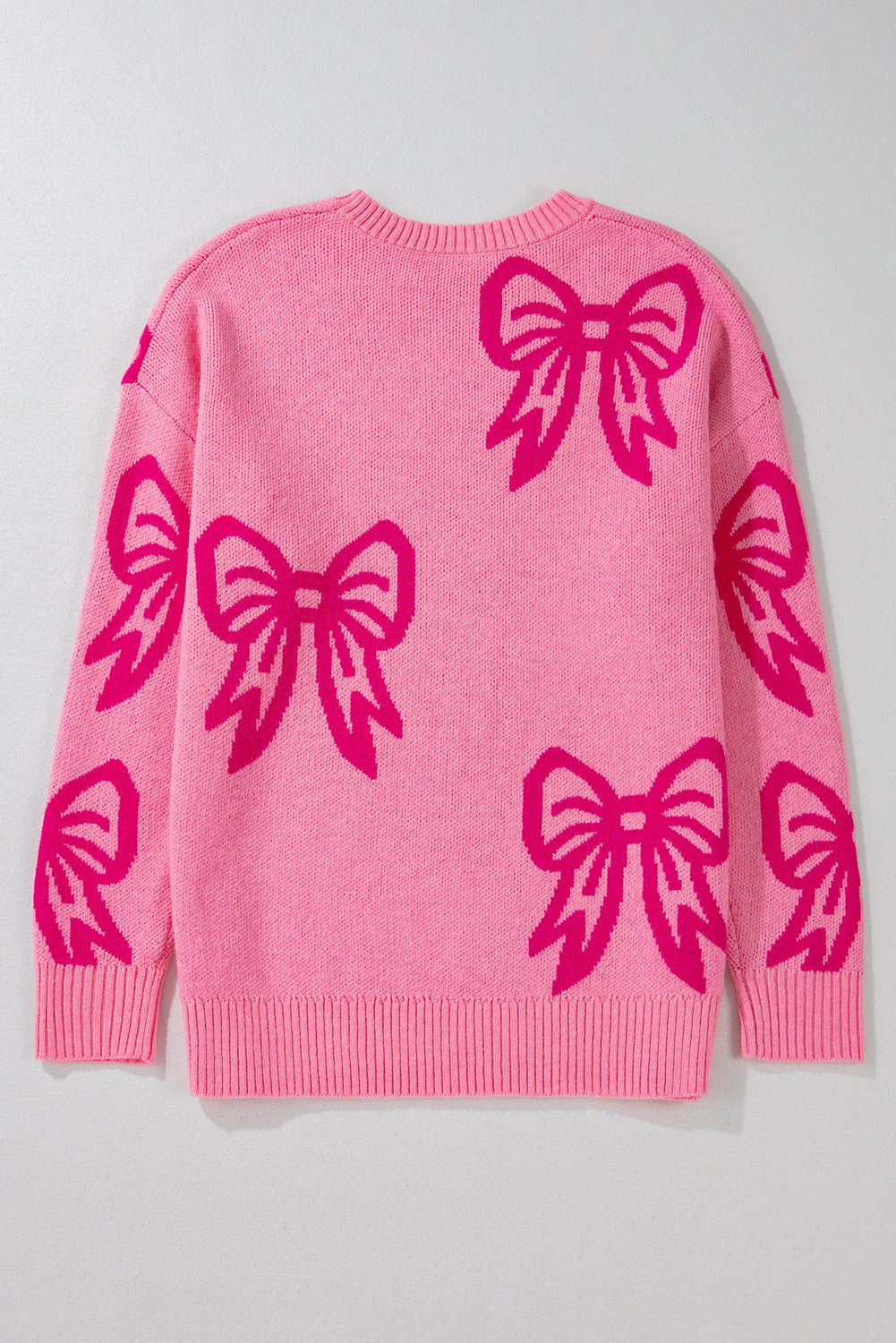 Pink Bow Pattern Drop Shoulder Loose Sweater - Viraxa