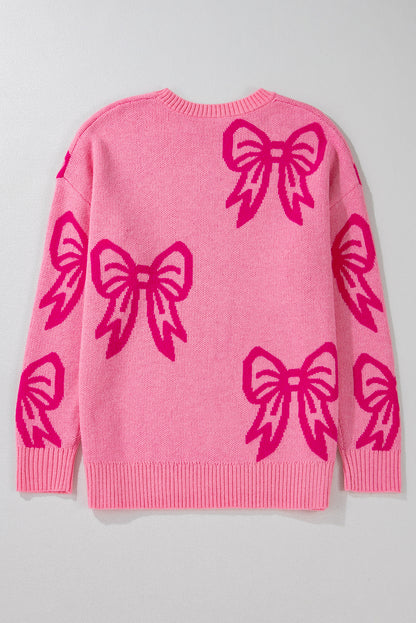 Pink Bow Pattern Drop Shoulder Loose Sweater - Viraxa