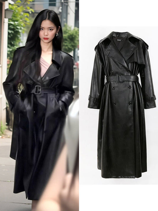 Black Windbreaker High-grade Long Tall PU Jacket Overcoat
