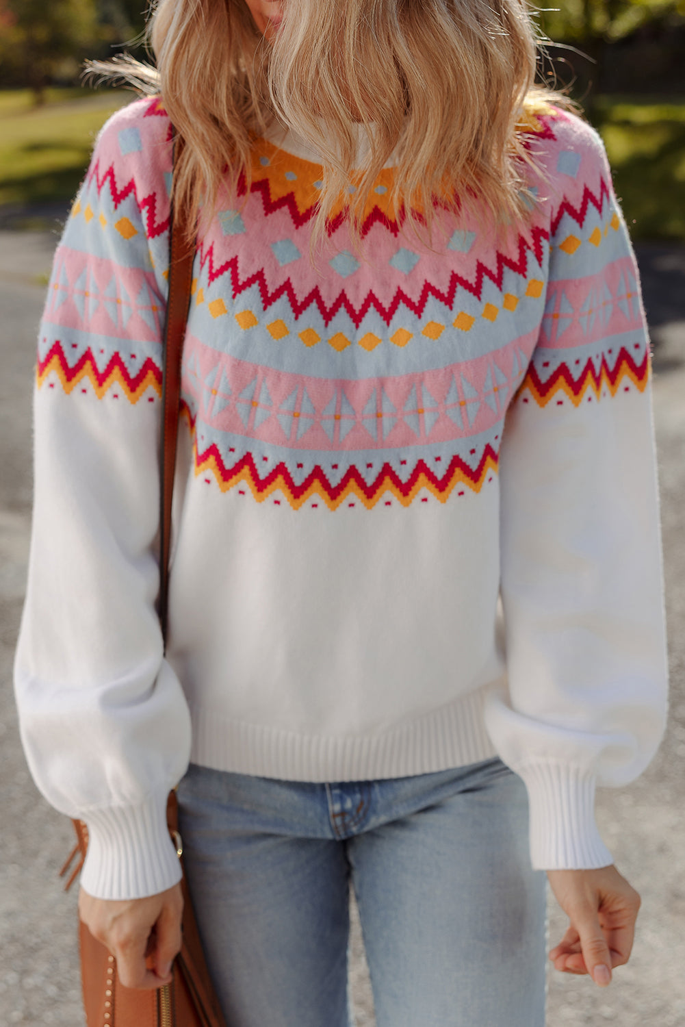 White Ethnic Geometric Colorblock Print Drop Shoulder Sweater - Viraxa