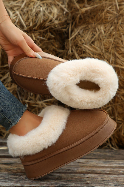 Chestnut Plush Suede Trim Thick Sole Flat Snow Boots - Viraxa